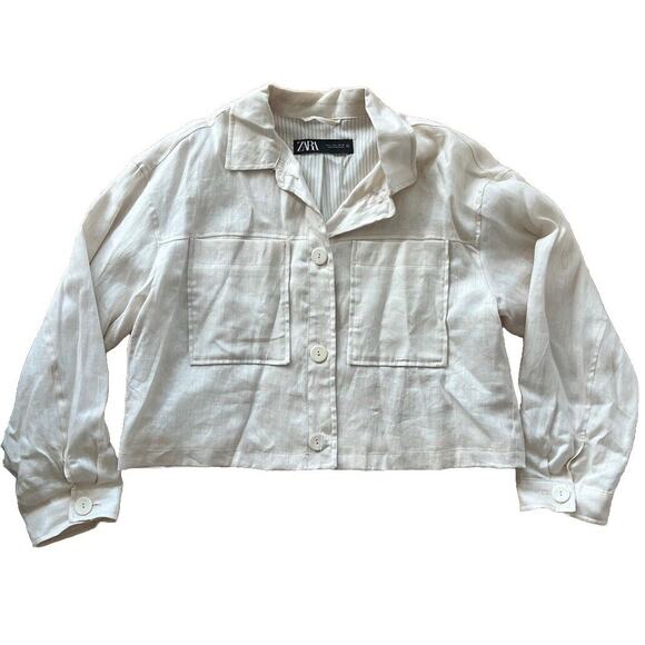 Zara Cream White Soft Button Down Crop Top Large - Picture 1 of 3